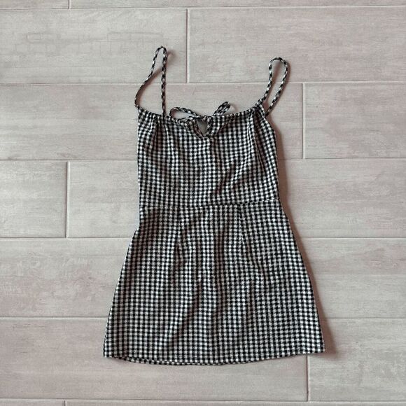 Gingham Mini Dress Black White Checkered Sleeveless Spaghetti Strap Back Zipper - Picture 5 of 6